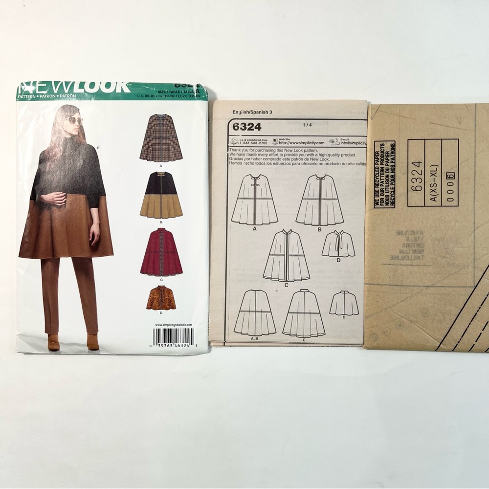 New Look 6324 Sewing Pattern – Cape Coat, Poncho & Outerwear Wrap, Sizes XS–XL - Picture 2 of 2